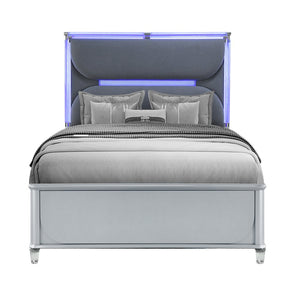 Silver and Gray Wood And Upholstery Lighted Queen Bed Frame