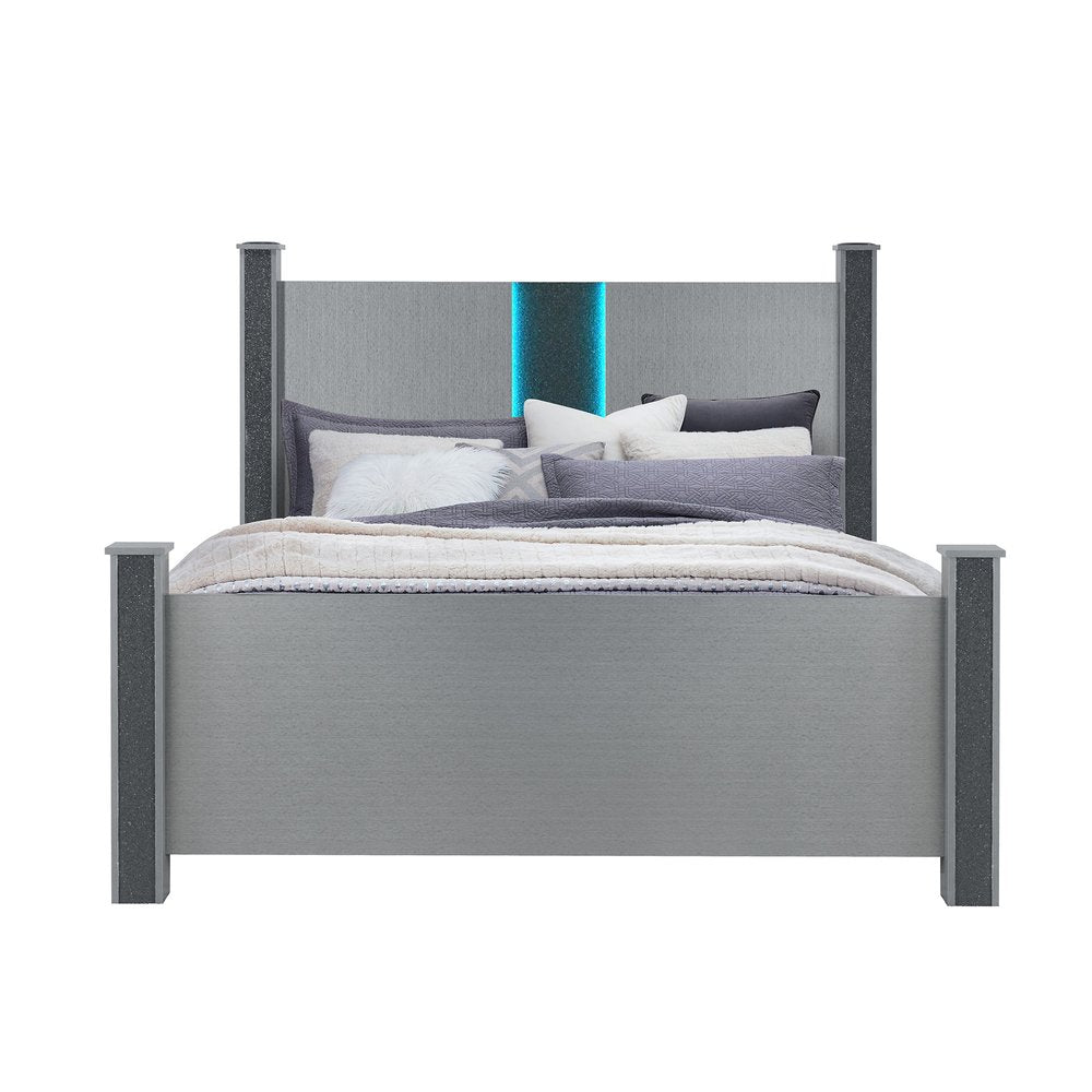 Silver Wood And Faux Crystals Lighted Full Four Poster Bed Frame