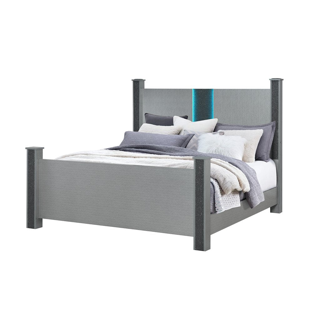 Silver Wood And Faux Crystals Lighted King Four Poster Bed Frame
