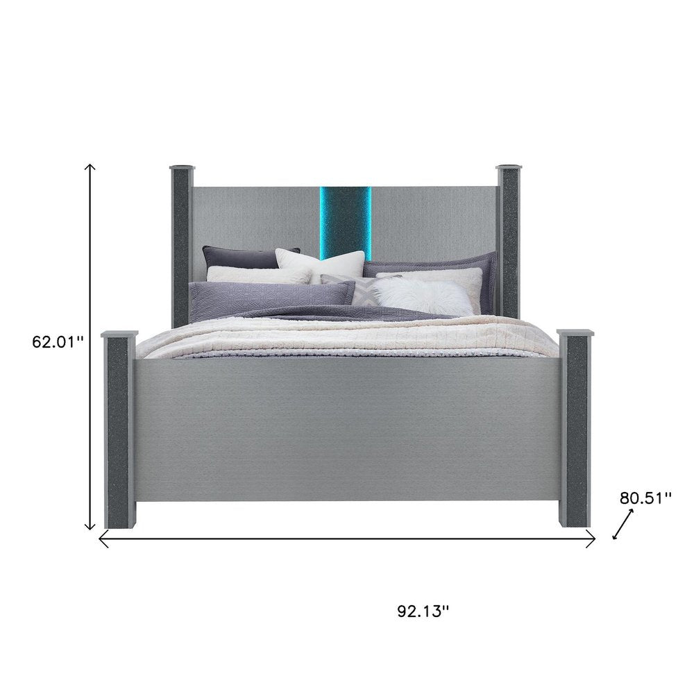 Silver Wood And Faux Crystals Lighted King Four Poster Bed Frame