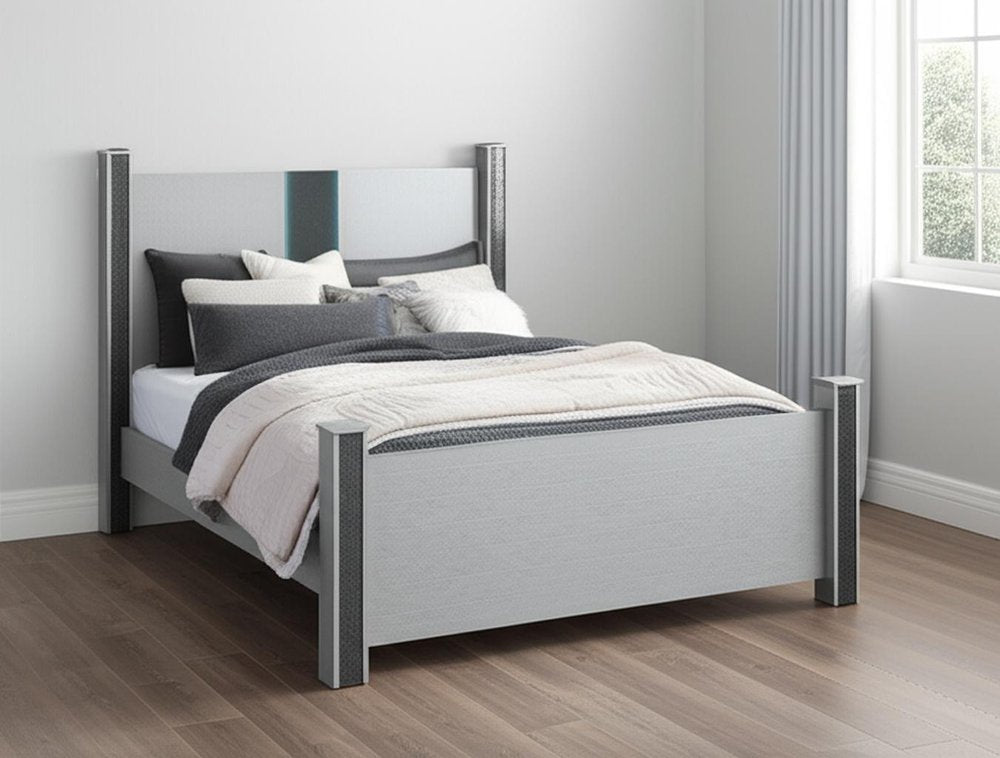 Silver Wood And Faux Crystals Lighted Queen Four Poster Bed Frame