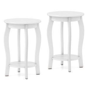 Set of 2 15 Inch 2-Tier Round End Table with Storage Shelf-White