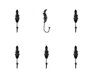 Set of Six Black Steel Feather Wall Hooks
