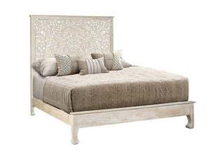 White Carved Floral Distressed Solid Wood Queen Bed Frame