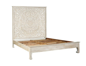 White Carved Floral Distressed Solid Wood Queen Bed Frame