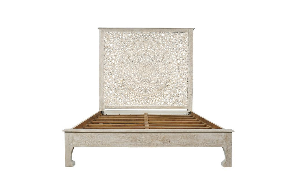White Carved Floral Distressed Solid Wood Queen Bed Frame