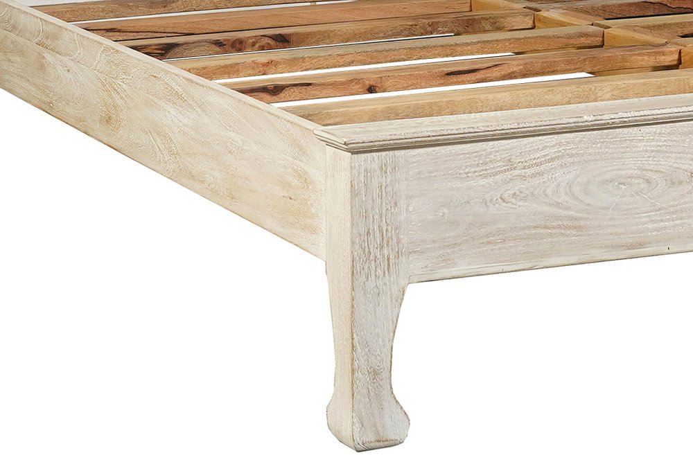 White Carved Floral Distressed Solid Wood Queen Bed Frame