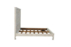 White Carved Floral Distressed Solid Wood Queen Bed Frame