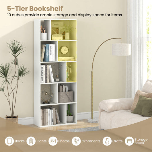 63 Inch 5-Tier Geometric 10-Cube Bookshelf Tall Bookcase-White