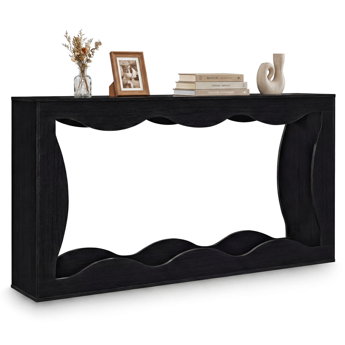 63 Inch Console Table 2-Tier Narrow Entryway Table with Wavy Edge Storage Shelf-Black