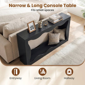 63 Inch Console Table 2-Tier Narrow Entryway Table with Wavy Edge Storage Shelf-Black