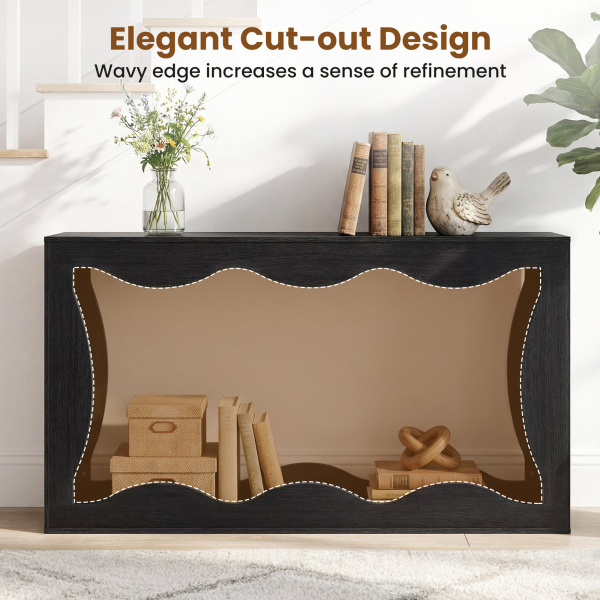 63 Inch Console Table 2-Tier Narrow Entryway Table with Wavy Edge Storage Shelf-Black