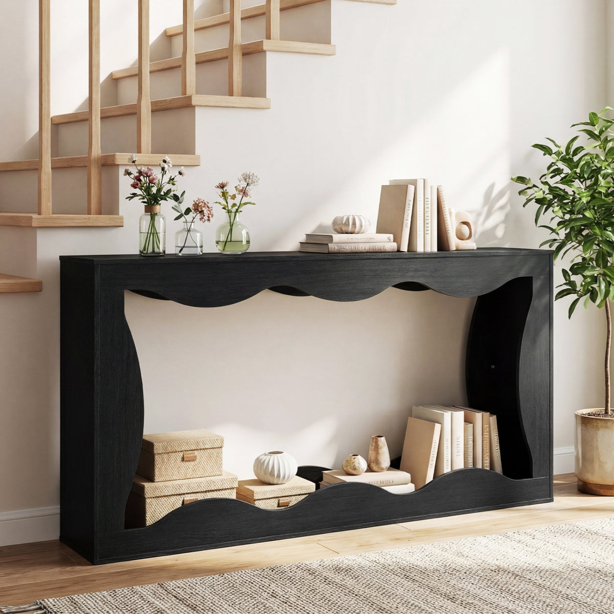 63 Inch Console Table 2-Tier Narrow Entryway Table with Wavy Edge Storage Shelf-Black