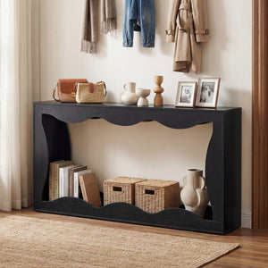 63 Inch Console Table 2-Tier Narrow Entryway Table with Wavy Edge Storage Shelf-Black
