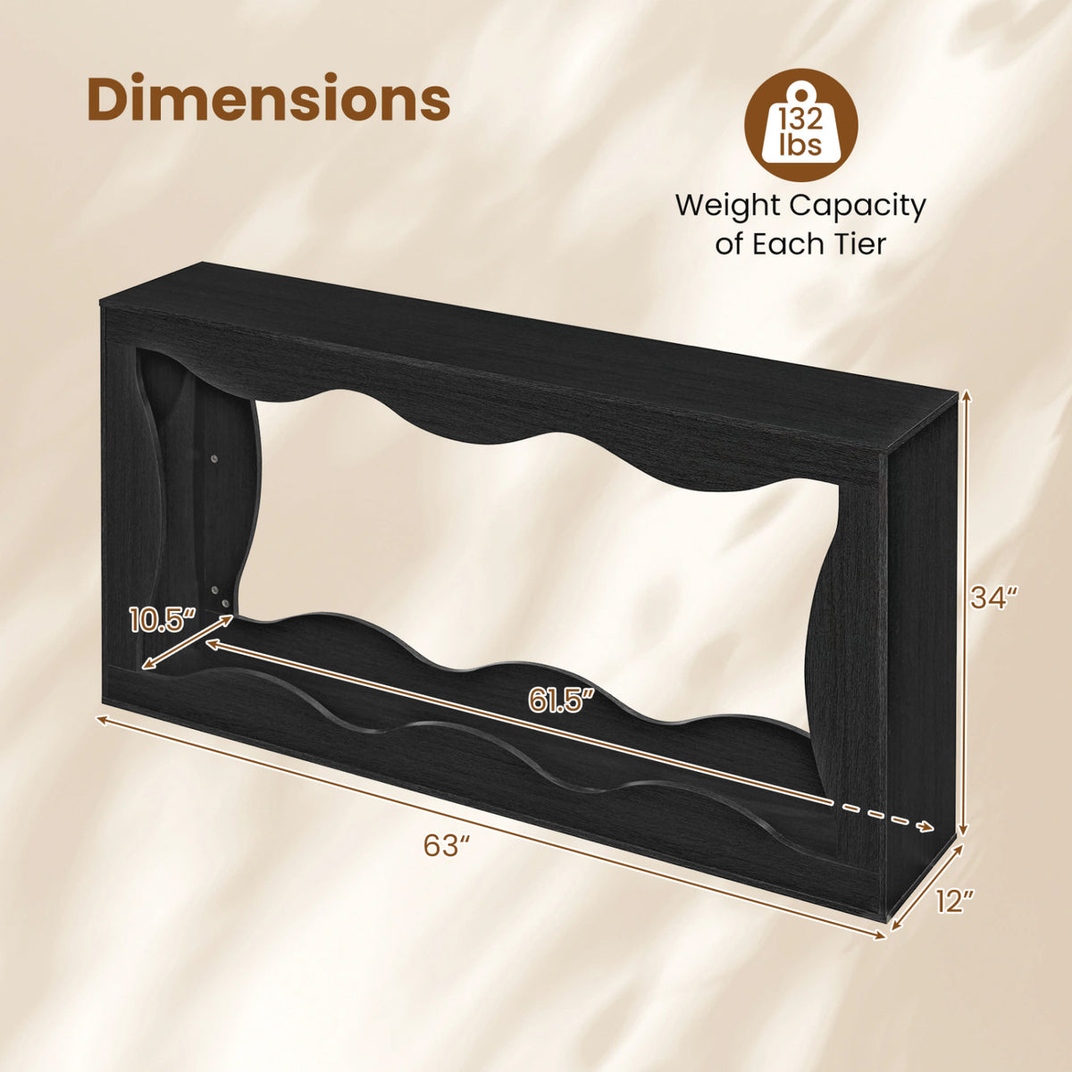 63 Inch Console Table 2-Tier Narrow Entryway Table with Wavy Edge Storage Shelf-Black