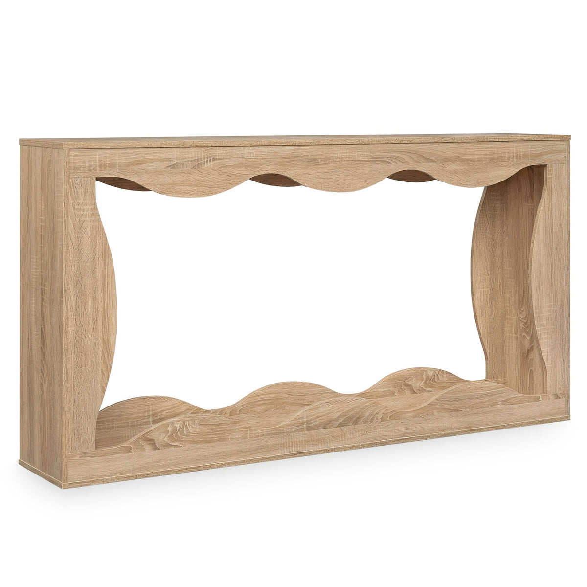 63 Inch Console Table 2-Tier Narrow Entryway Table with Wavy Edge Storage Shelf-Natural