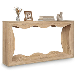 63 Inch Console Table 2-Tier Narrow Entryway Table with Wavy Edge Storage Shelf-Natural