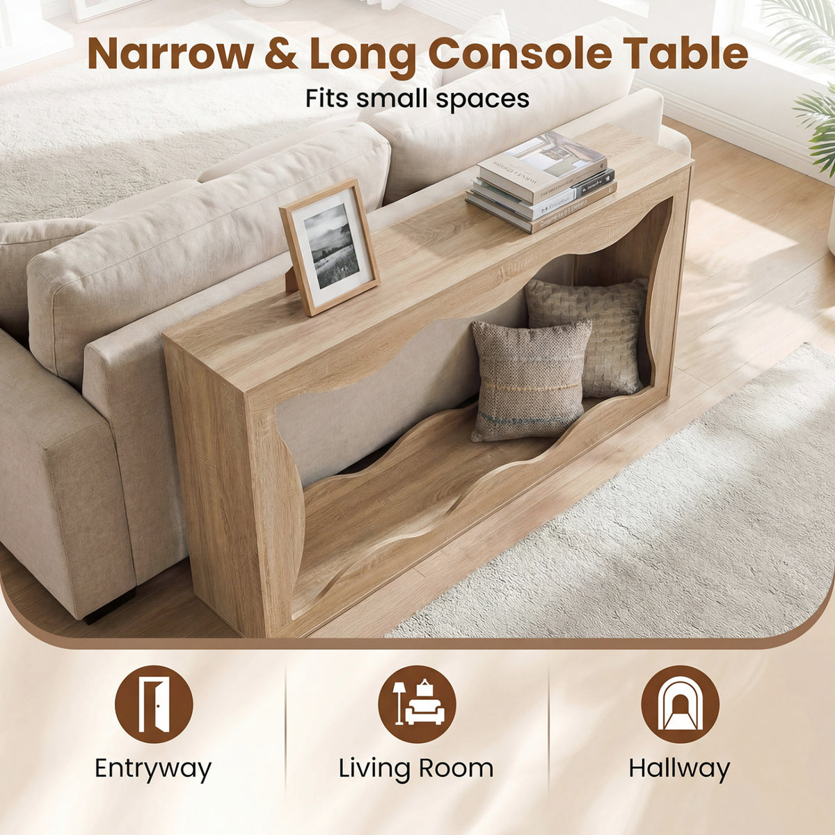 63 Inch Console Table 2-Tier Narrow Entryway Table with Wavy Edge Storage Shelf-Natural