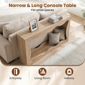 63 Inch Console Table 2-Tier Narrow Entryway Table with Wavy Edge Storage Shelf-Natural