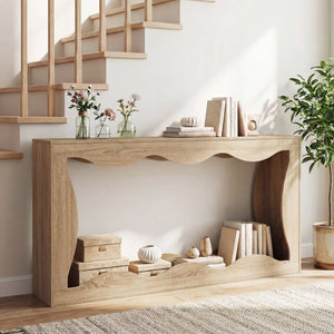 63 Inch Console Table 2-Tier Narrow Entryway Table with Wavy Edge Storage Shelf-Natural