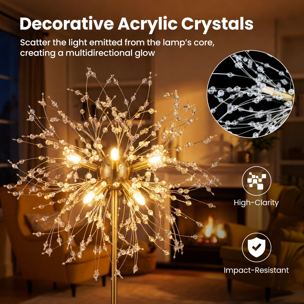 63-Inch Crystal Floor Lamp with Acrylic Crystals-Gold