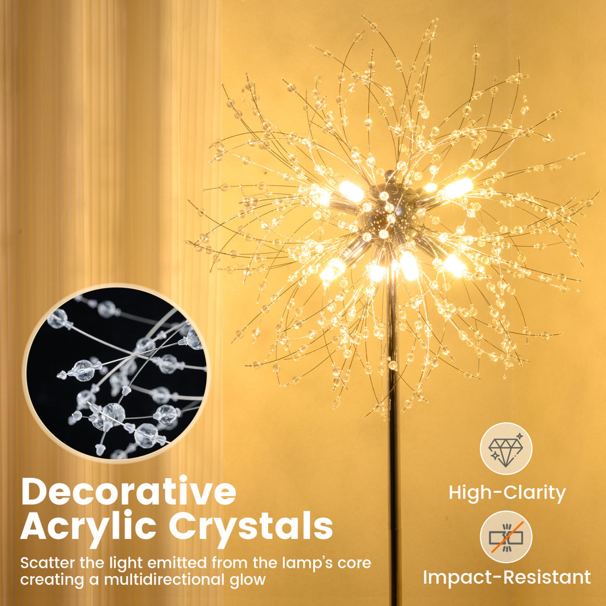 63-Inch Crystal Floor Lamp with Acrylic Crystals-Sliver