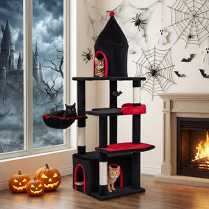 63 Inch Gothic Cat Tree with Condo and Top Cave for Large Cats 20+ LBS-Black