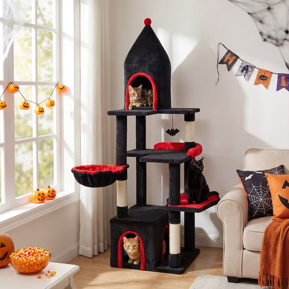 63 Inch Gothic Cat Tree with Condo and Top Cave for Large Cats 20+ LBS-Black