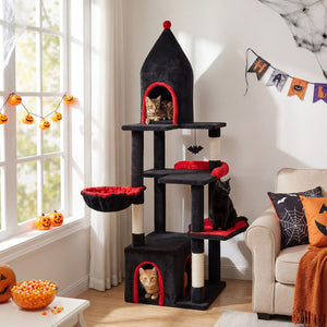 63 Inch Gothic Cat Tree with Condo and Top Cave for Large Cats 20+ LBS-Black