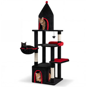 63 Inch Gothic Cat Tree with Condo and Top Cave for Large Cats 20+ LBS-Black