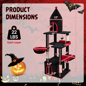 63 Inch Gothic Cat Tree with Condo and Top Cave for Large Cats 20+ LBS-Black