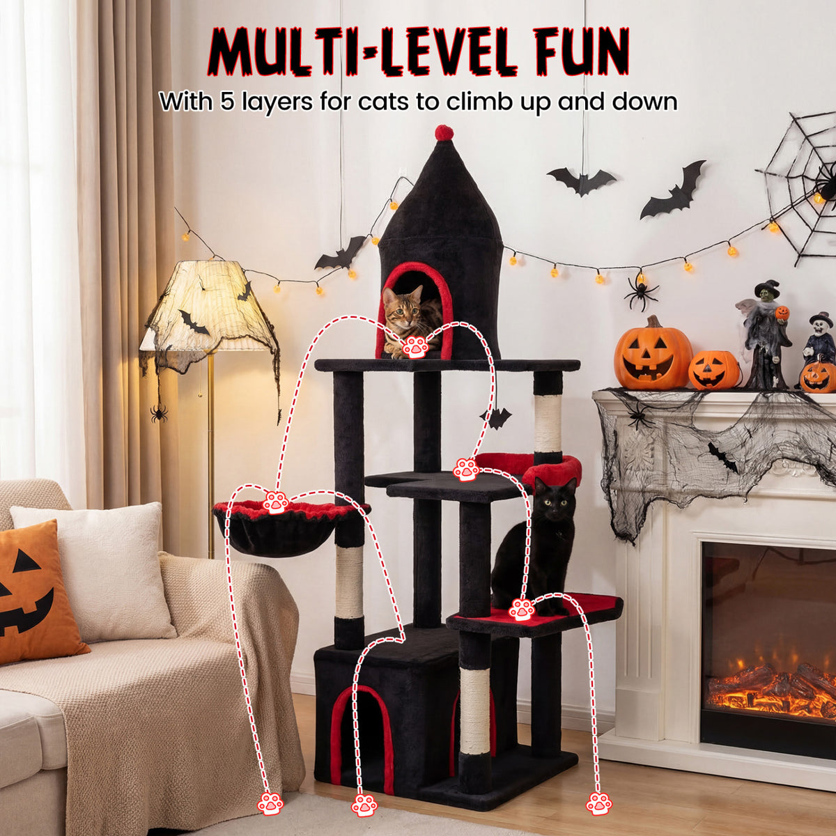 63 Inch Gothic Cat Tree with Condo and Top Cave for Large Cats 20+ LBS-Black