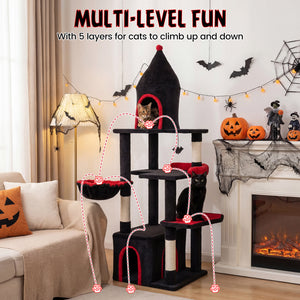 63 Inch Gothic Cat Tree with Condo and Top Cave for Large Cats 20+ LBS-Black