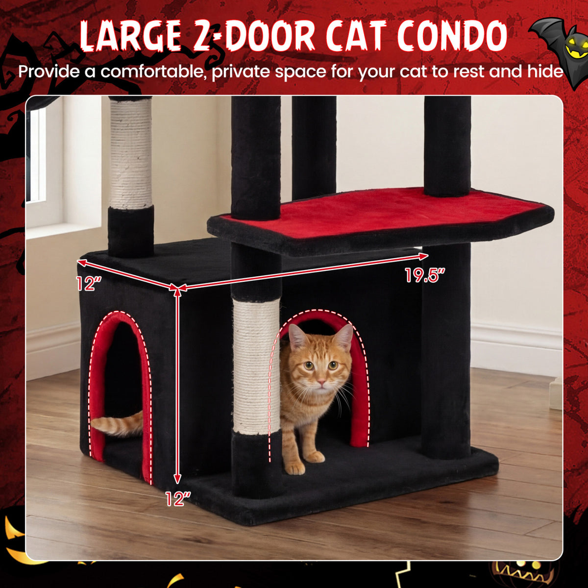63 Inch Gothic Cat Tree with Condo and Top Cave for Large Cats 20+ LBS-Black