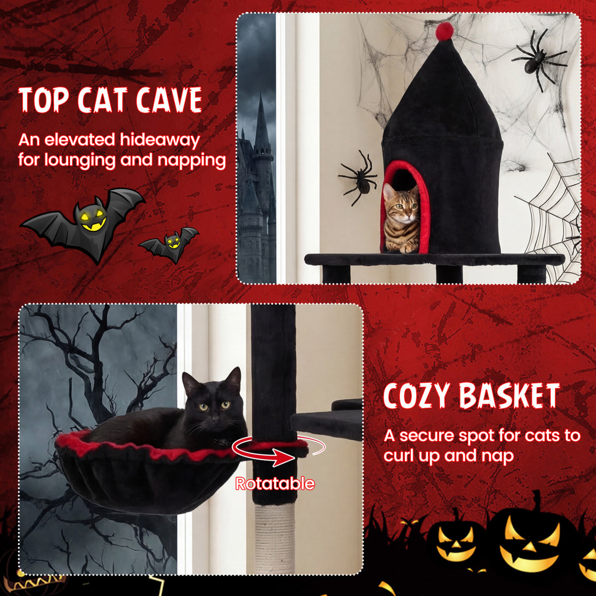 63 Inch Gothic Cat Tree with Condo and Top Cave for Large Cats 20+ LBS-Black
