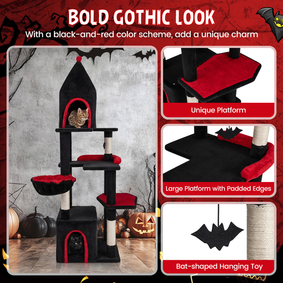 63 Inch Gothic Cat Tree with Condo and Top Cave for Large Cats 20+ LBS-Black
