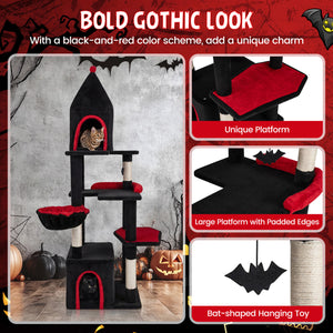 63 Inch Gothic Cat Tree with Condo and Top Cave for Large Cats 20+ LBS-Black