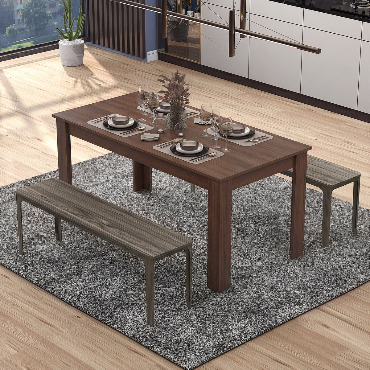 63 Inch Rectangular Modern Dining Kitchen Table-Walnut