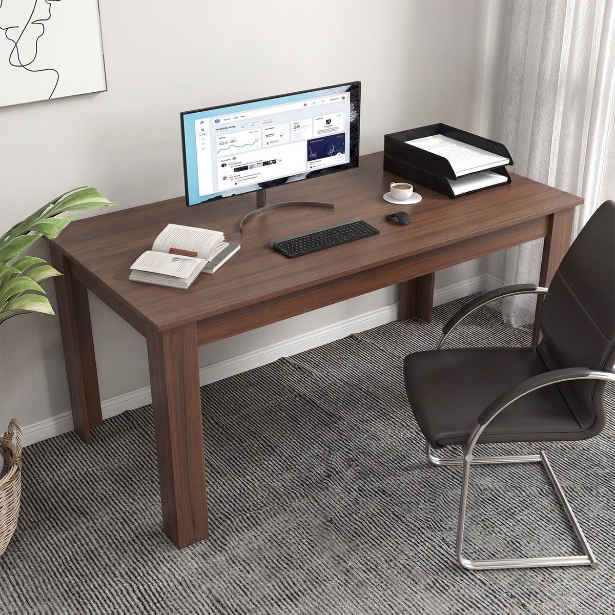 63 Inch Rectangular Modern Dining Kitchen Table-Walnut