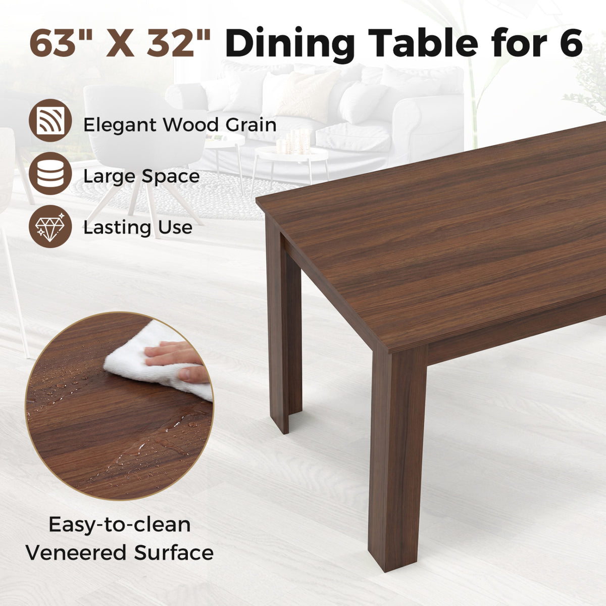 63 Inch Rectangular Modern Dining Kitchen Table-Walnut