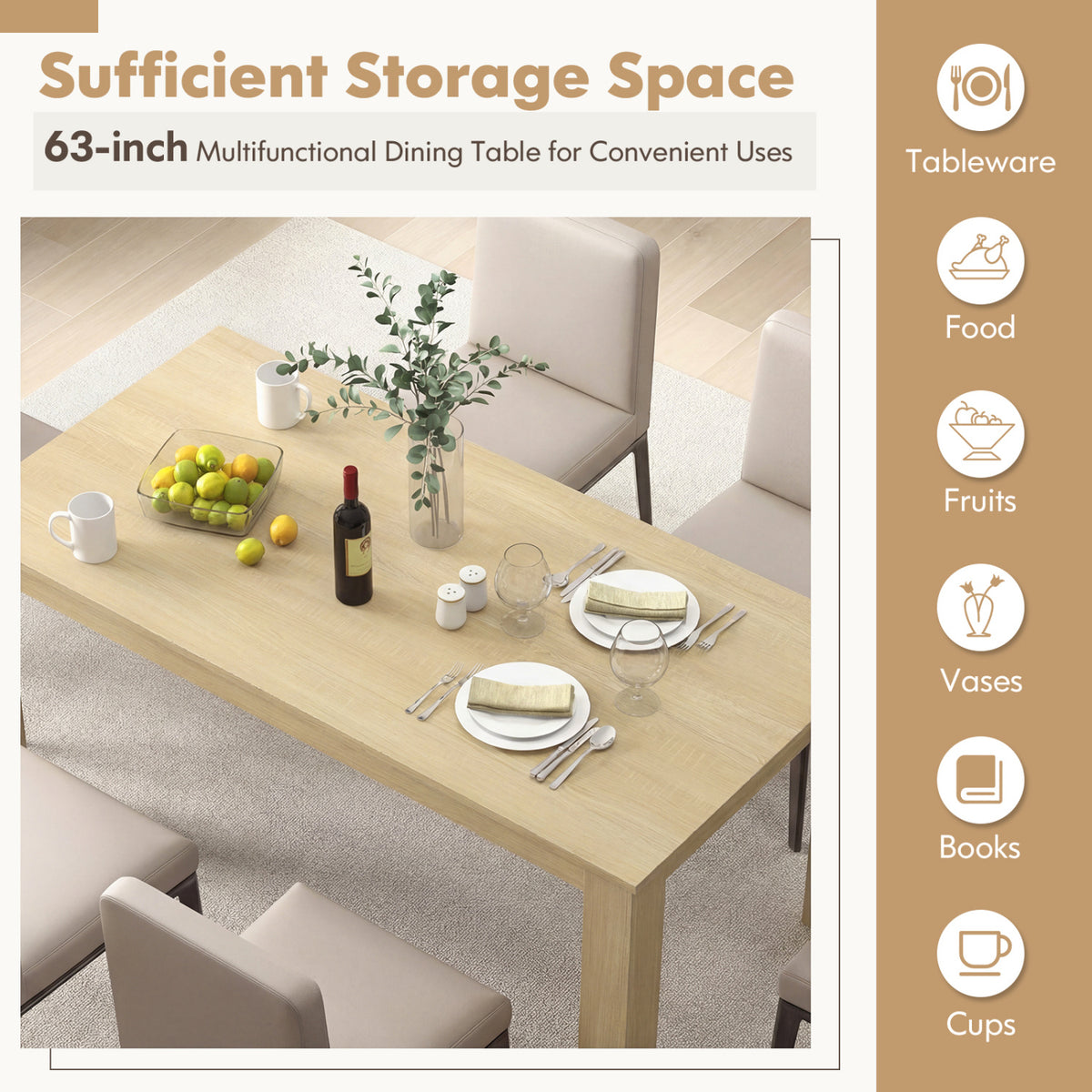 63 Inch Rectangular Modern Dining Kitchen Table-Oak