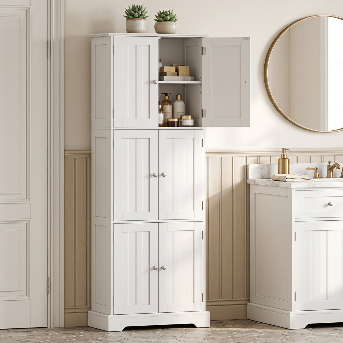 63 Inch Tall Bathroom Storage Cabinet with 6 Doors and Adjustable Shelves-White