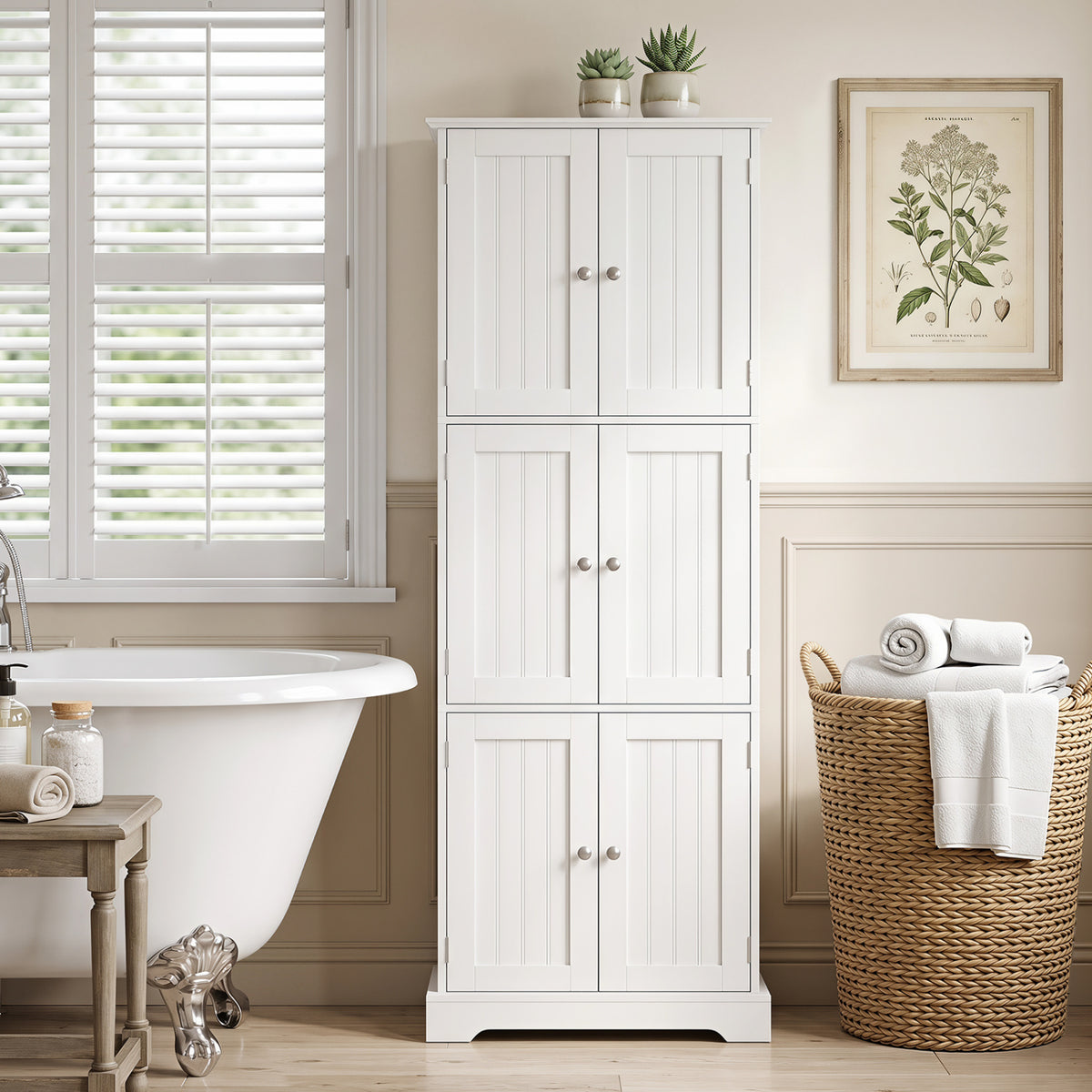 63 Inch Tall Bathroom Storage Cabinet with 6 Doors and Adjustable Shelves-White