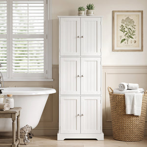 63 Inch Tall Bathroom Storage Cabinet with 6 Doors and Adjustable Shelves-White