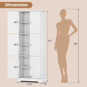 63 Inch Tall Bathroom Storage Cabinet with 6 Doors and Adjustable Shelves-White