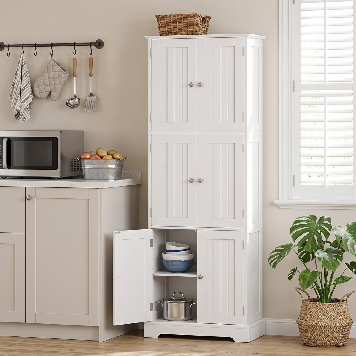 63 Inch Tall Bathroom Storage Cabinet with 6 Doors and Adjustable Shelves-White
