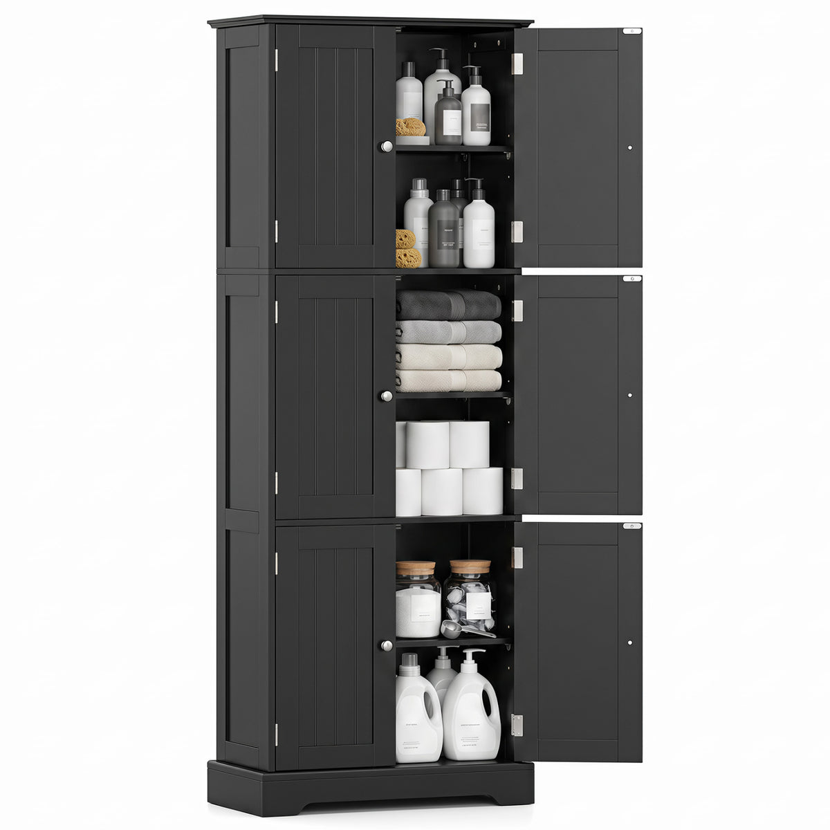 63 Inch Tall Bathroom Storage Cabinet with 6 Doors and Adjustable Shelves-Black
