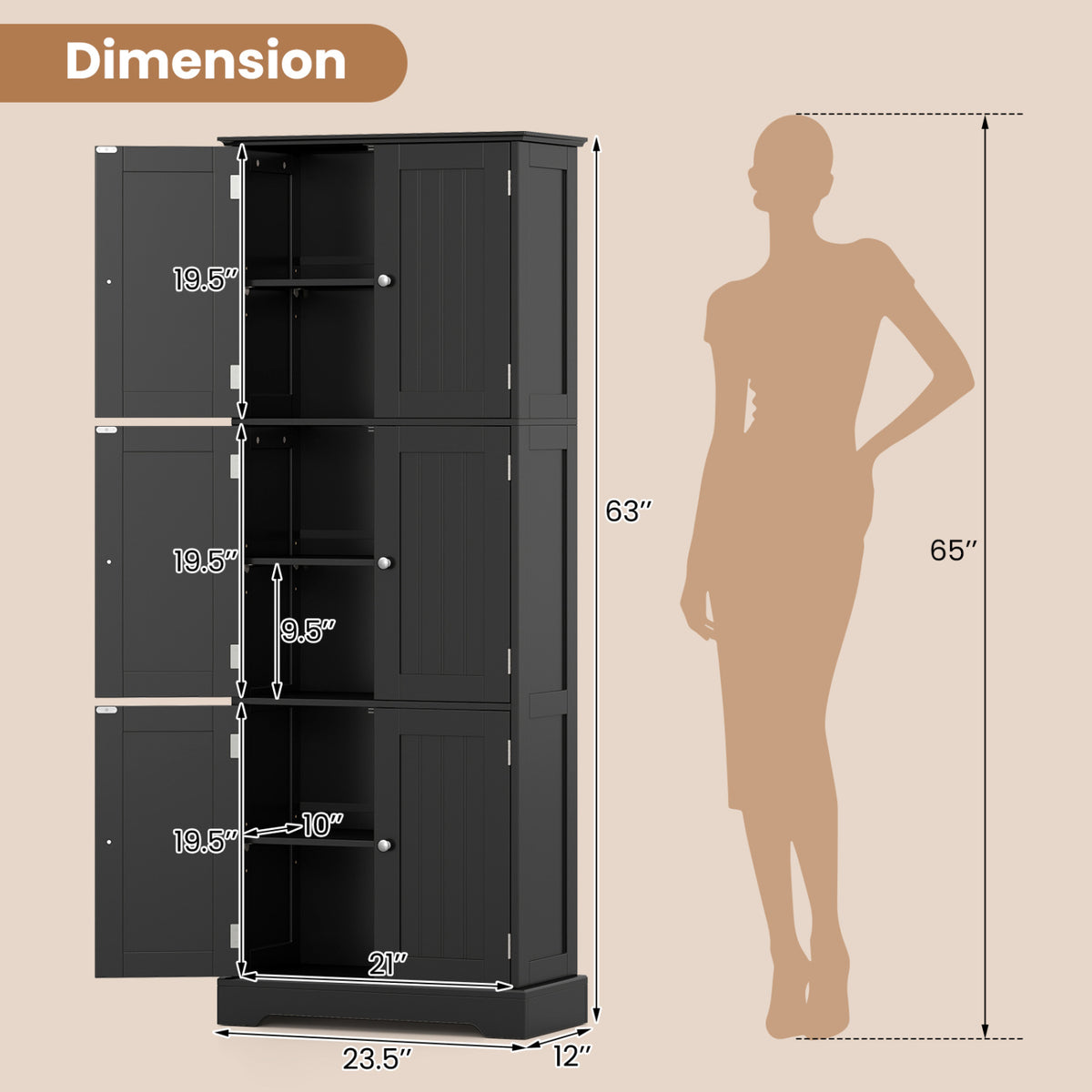 63 Inch Tall Bathroom Storage Cabinet with 6 Doors and Adjustable Shelves-Black