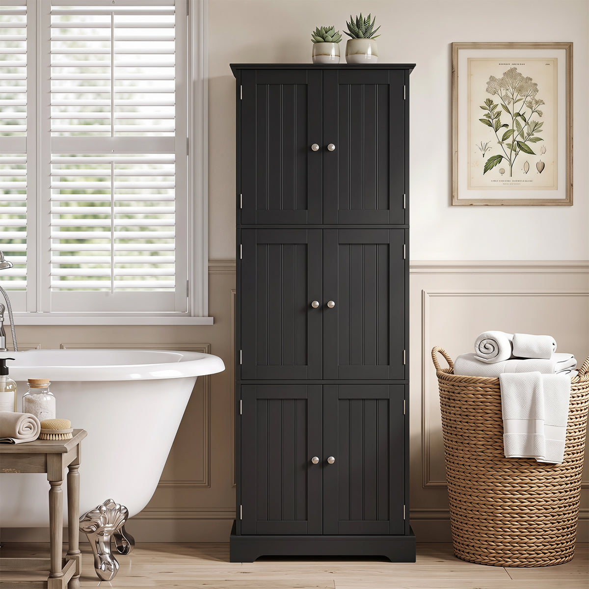 63 Inch Tall Bathroom Storage Cabinet with 6 Doors and Adjustable Shelves-Black