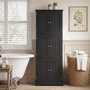63 Inch Tall Bathroom Storage Cabinet with 6 Doors and Adjustable Shelves-Black